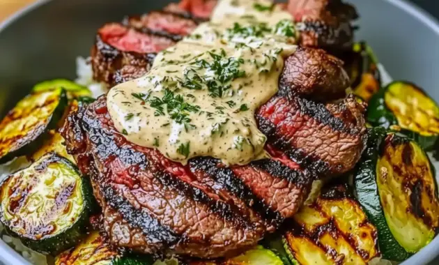 Bowl with sliced grilled steak, charred zucchini, rice, and creamy herb sauce — a Unique Meal Prep bowl that also works as a Healthy Whole Foods Recipe.