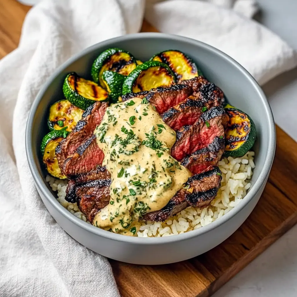 Bowl with sliced grilled steak, charred zucchini, rice, and creamy herb sauce — a Unique Meal Prep bowl that also works as a Healthy Whole Foods Recipe.