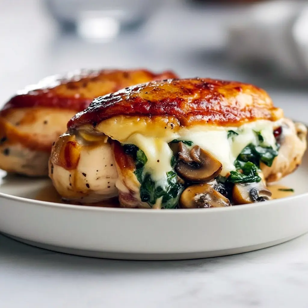 Sliced Stuffed Chicken Breast showing mushroom, spinach, and gooey cheese filling on a plate with greens — close-up, golden-baked.