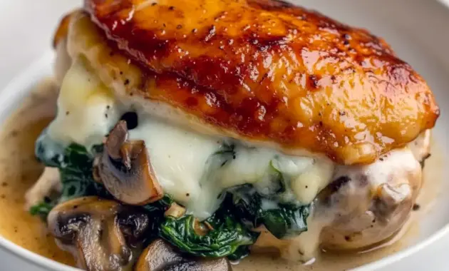 Sliced Stuffed Chicken Breast showing mushroom, spinach, and gooey cheese filling on a plate with greens — close-up, golden-baked.