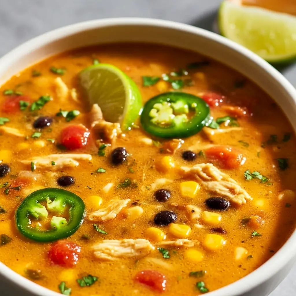 Steaming bowl of Black Bean Soup with shredded chicken, roasted poblano, corn, and cilantro — a simple, cozy Easy Soup Recipe.