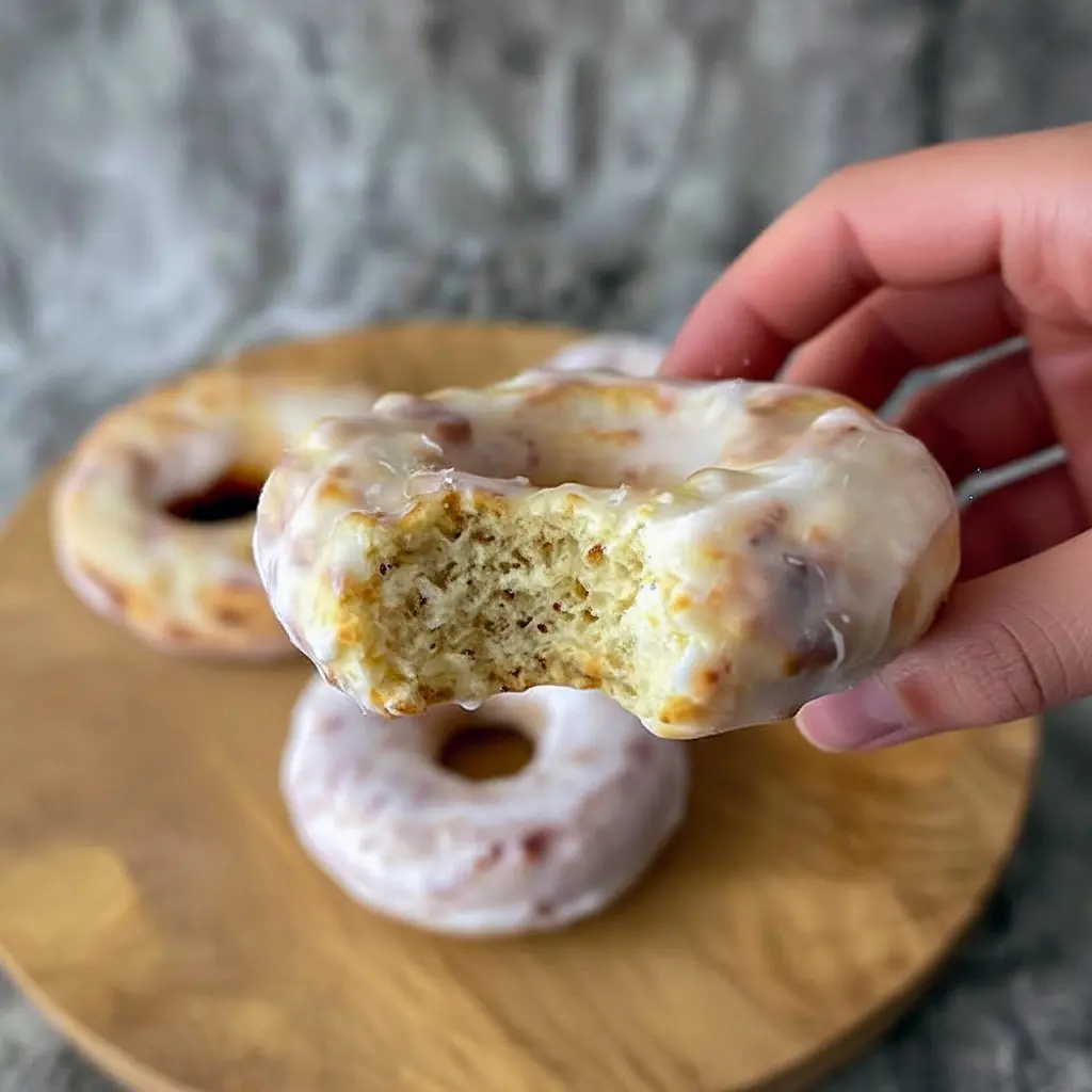 Golden, glazed Donuts stacked on a plate — close-up of a Protein Air Fryer Donut from an Easy Protein Donut Recipe guide, ready to bite into.