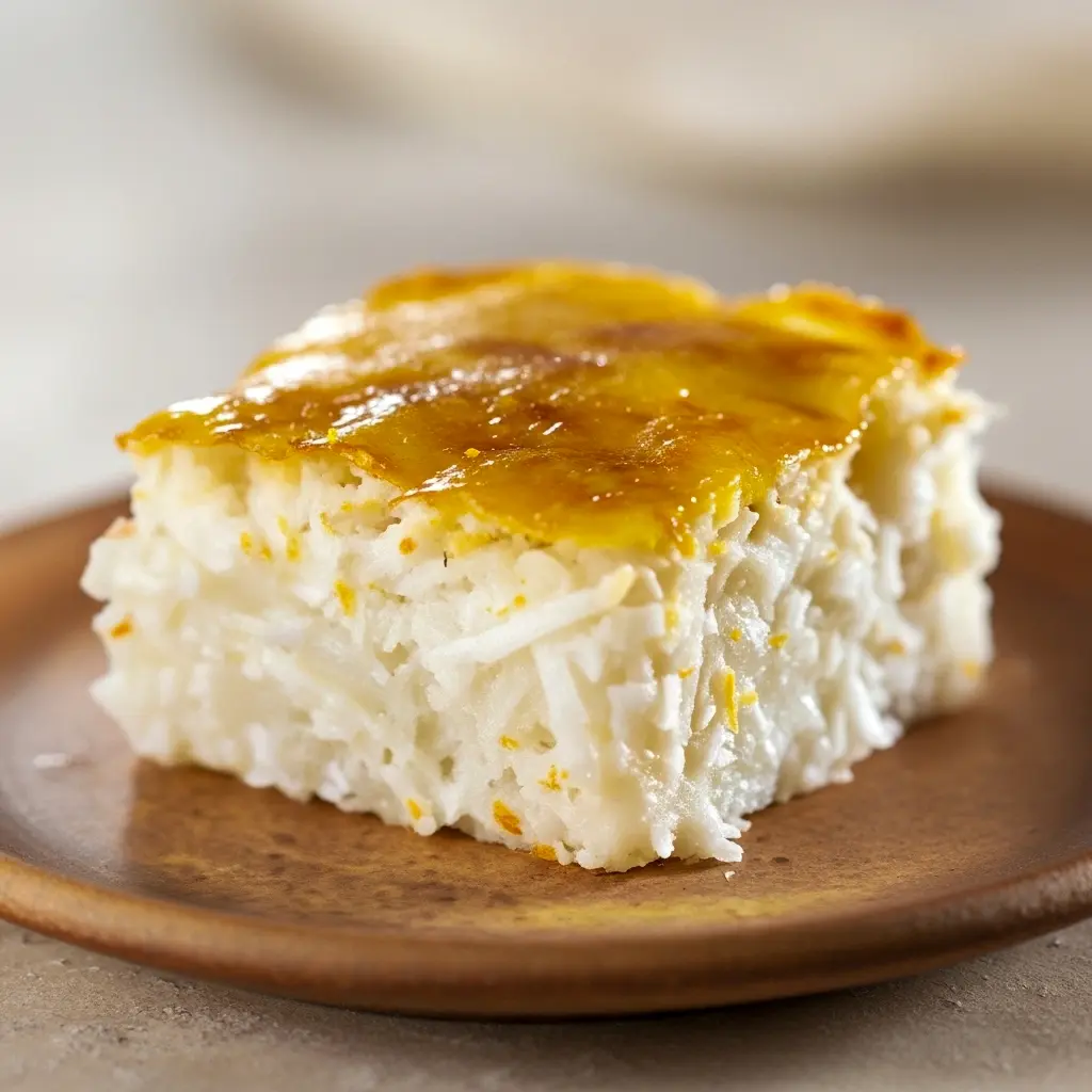 Close-up of a golden Sticky Coconut Cake square with sticky shredded coconut and a toasted crust — a classic Indonesian Dessert Recipes snack.