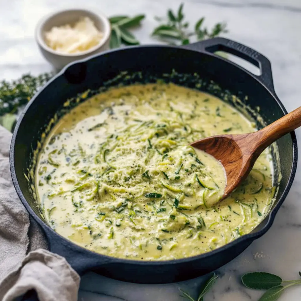 Zucchini Sauce coating rigatoni with fresh basil and grated cheese, an example of Healthy Sauces For Pasta.