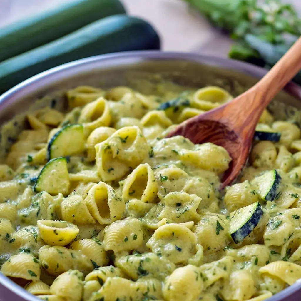 Zucchini Sauce coating rigatoni with fresh basil and grated cheese, an example of Healthy Sauces For Pasta.