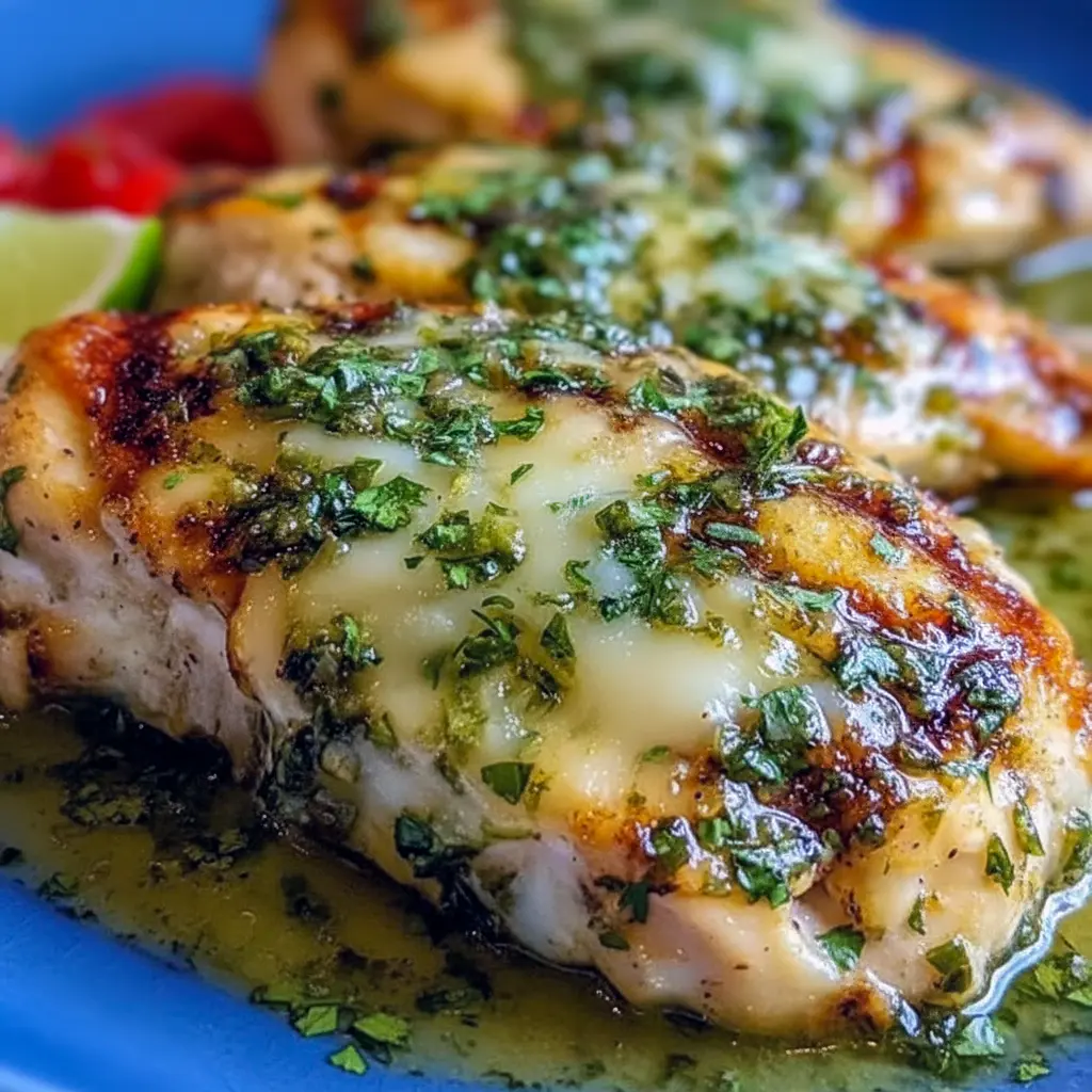 Chicken Main Dishes — grilled salsa-verde pepper-jack chicken with melted cheese, charred grill marks, cilantro garnish, and lime wedges; a perfect entry for Chicken Dinner Recipes.