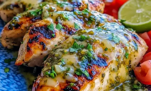Chicken Main Dishes — grilled salsa-verde pepper-jack chicken with melted cheese, charred grill marks, cilantro garnish, and lime wedges; a perfect entry for Chicken Dinner Recipes.