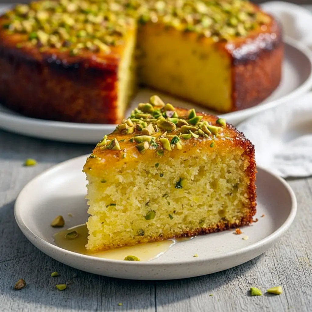 A slice of Lemon Pistachio Cake with lemon glaze and chopped pistachios — an easy Gluten Free Cake Almond Flour Recipe.