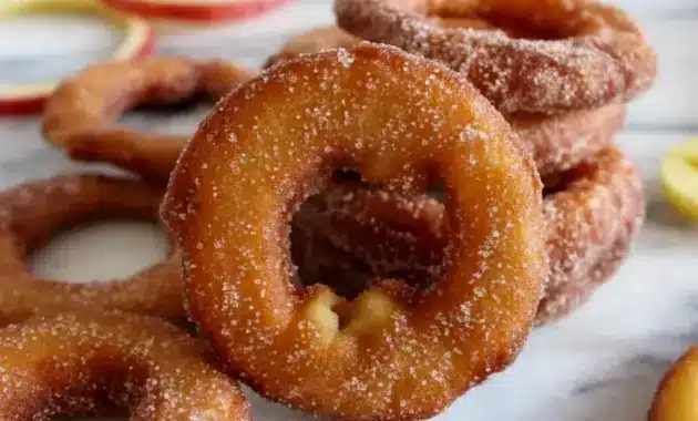 Plate of golden Apple Rings Recipe drizzled with cinnamon-sugar, showing the perfect way to Fry Apples for a warm, cozy treat.