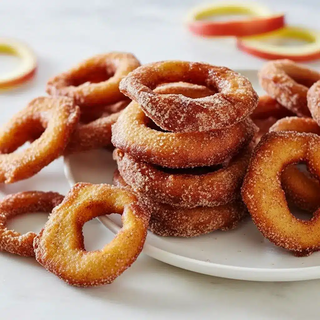 Plate of golden Apple Rings Recipe drizzled with cinnamon-sugar, showing the perfect way to Fry Apples for a warm, cozy treat.