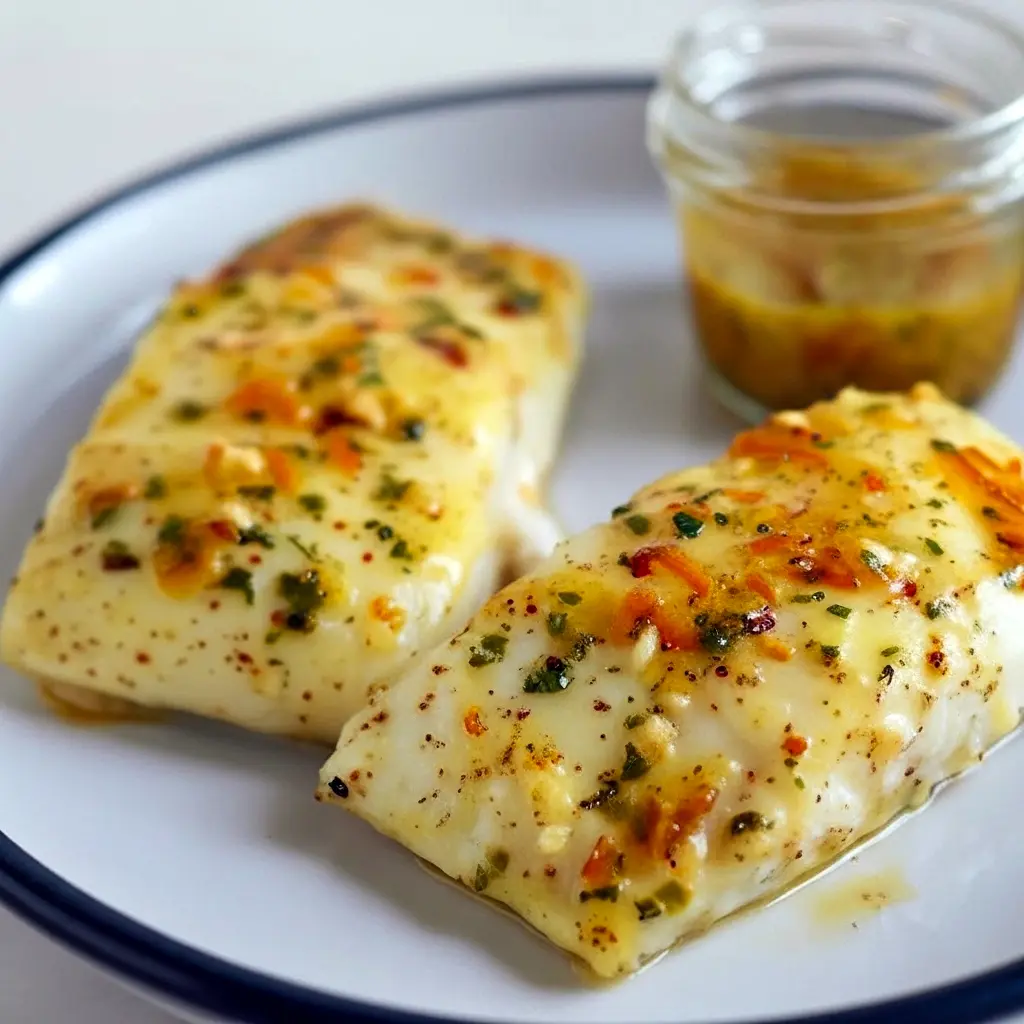 Orange Halibut Recipes — grilled halibut fillet brushed with glossy orange-Dijon glaze, garnished with basil and lemon, ready as a simple Grilled Halibut Dinner.