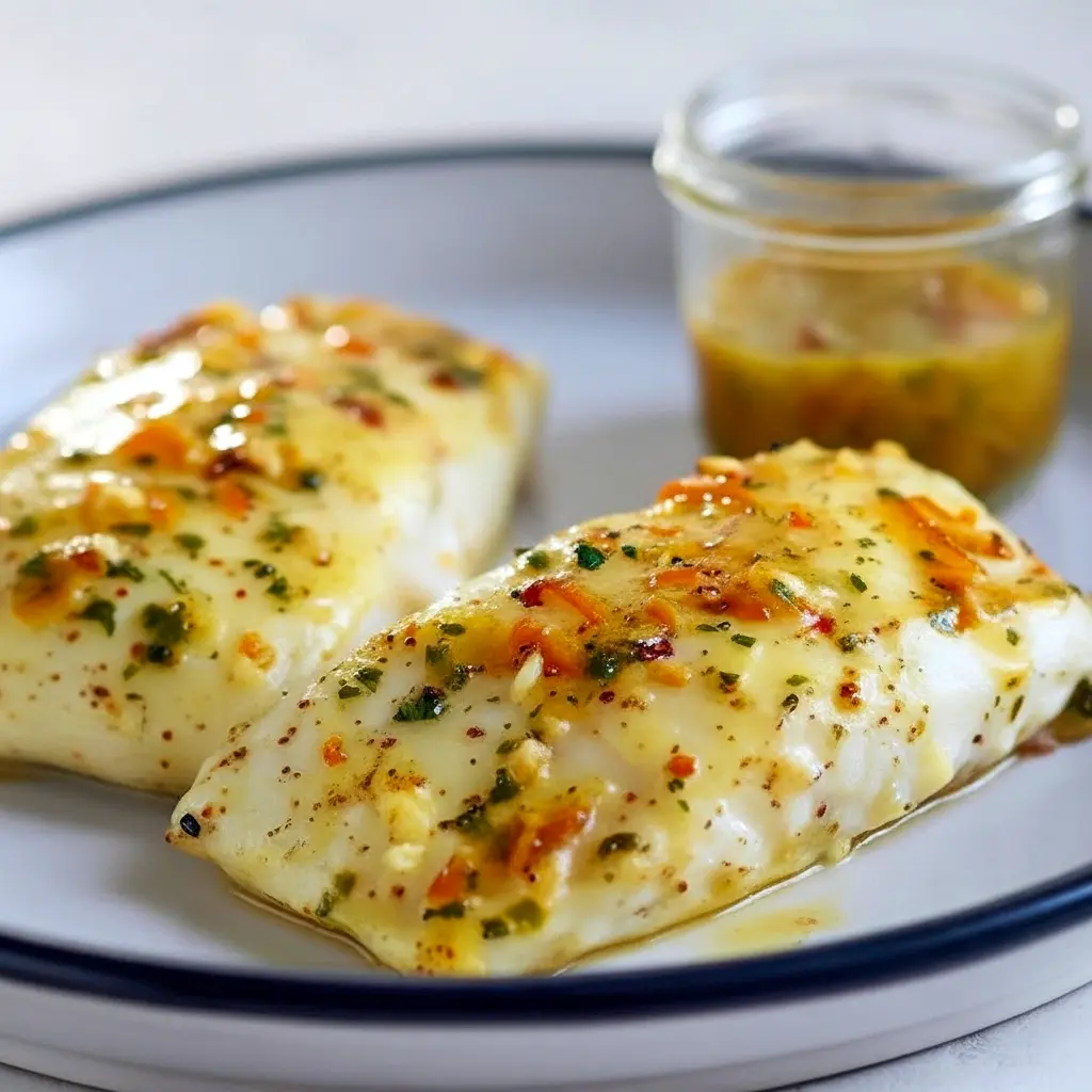 Orange Halibut Recipes — grilled halibut fillet brushed with glossy orange-Dijon glaze, garnished with basil and lemon, ready as a simple Grilled Halibut Dinner.