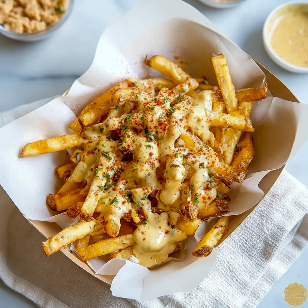Platter of crispy fries smothered in Wingstop Cheese Sauce, topped with melted white cheddar and chopped green onions.