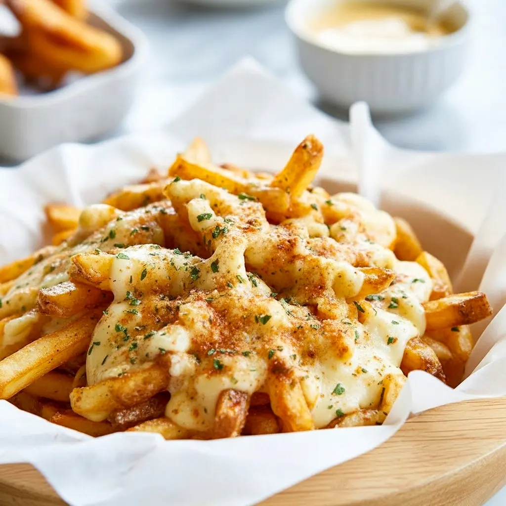 Platter of crispy fries smothered in Wingstop Cheese Sauce, topped with melted white cheddar and chopped green onions.