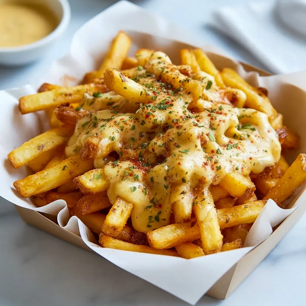 Platter of crispy fries smothered in Wingstop Cheese Sauce, topped with melted white cheddar and chopped green onions.