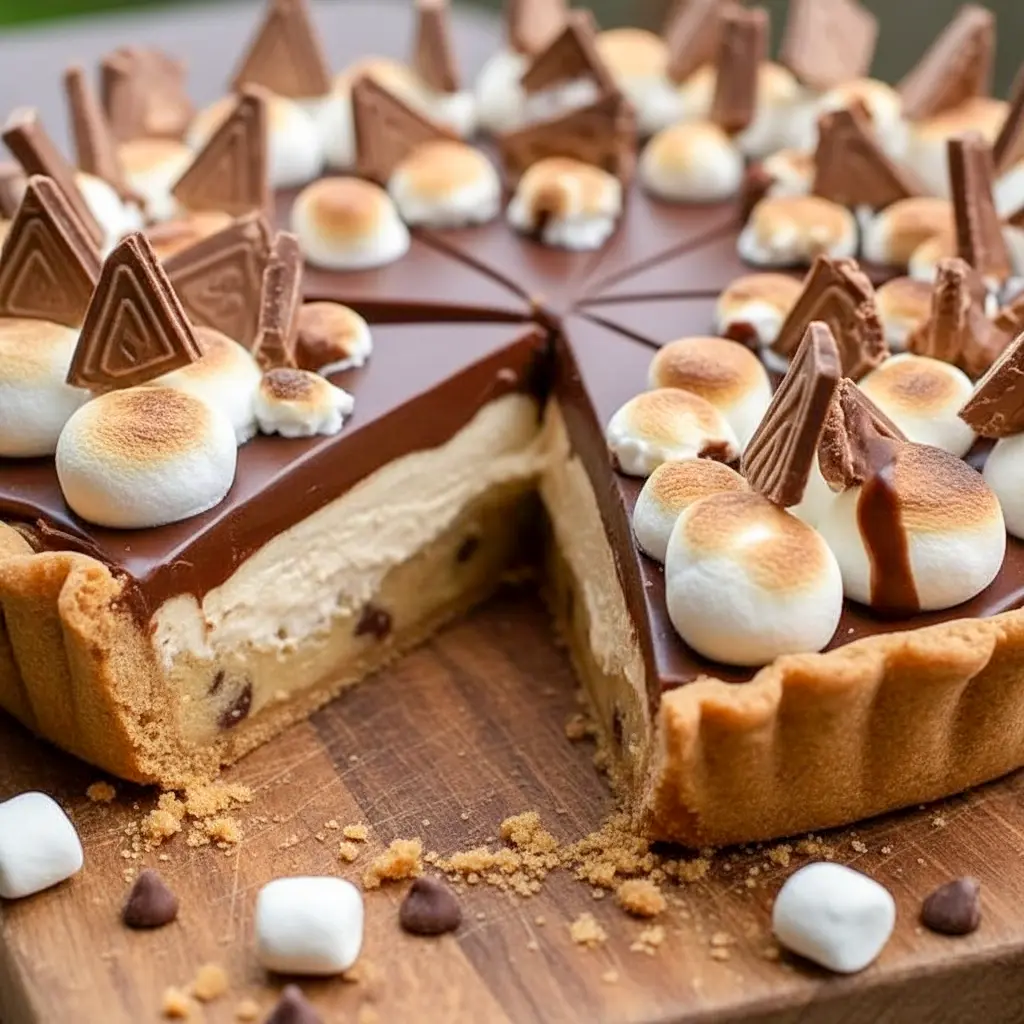 Slice of S’mores Cookie Dough Pie with golden toasted marshmallows, gooey chocolate pockets, and a crisp Dessert Pies crust — perfect inspo for Cookie Pie Recipes.
