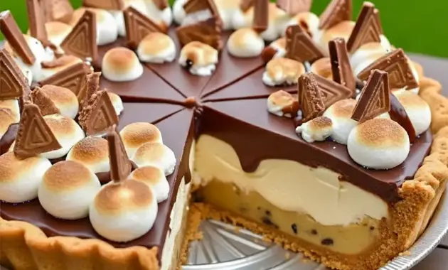 Slice of S’mores Cookie Dough Pie with golden toasted marshmallows, gooey chocolate pockets, and a crisp Dessert Pies crust — perfect inspo for Cookie Pie Recipes.