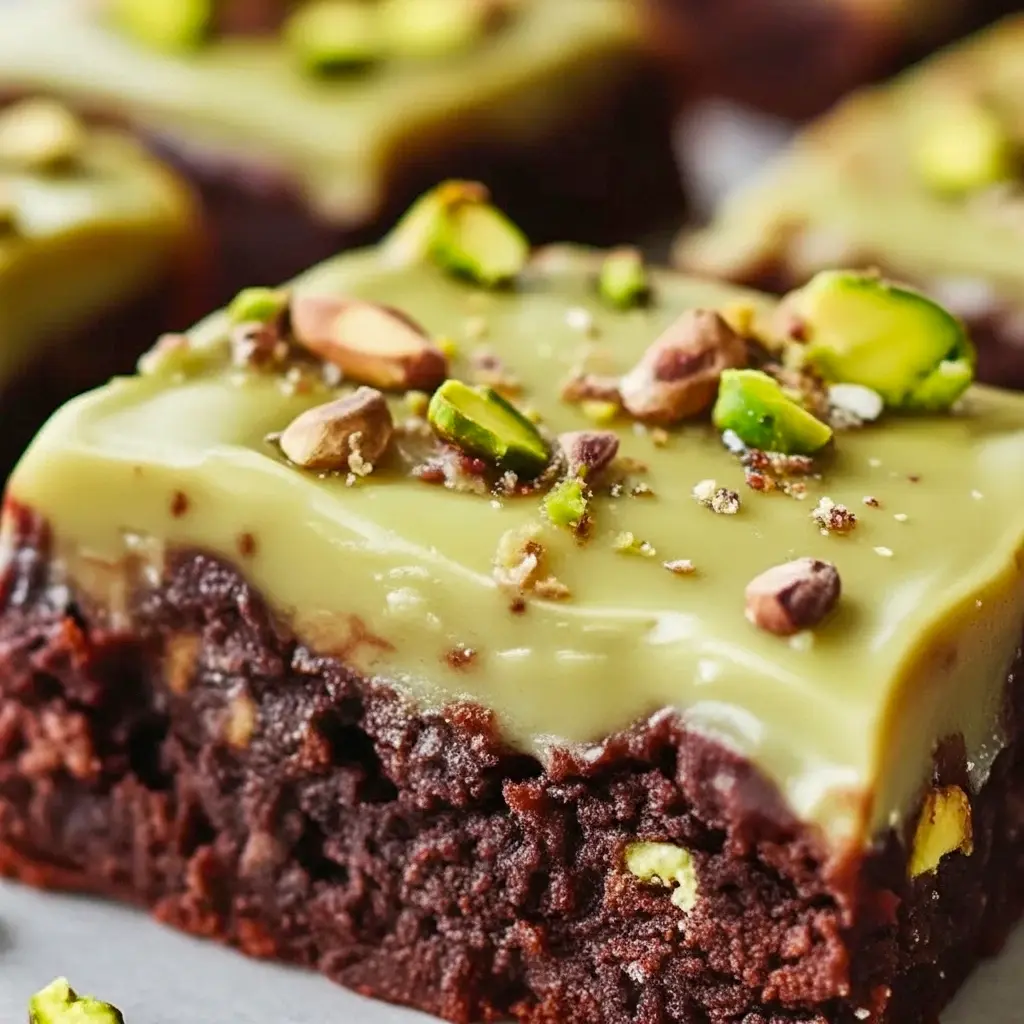 Close-up slice of Pistachio Brownies showing a glossy pistachio ganache, chopped pistachios, and a crackly brownie top.