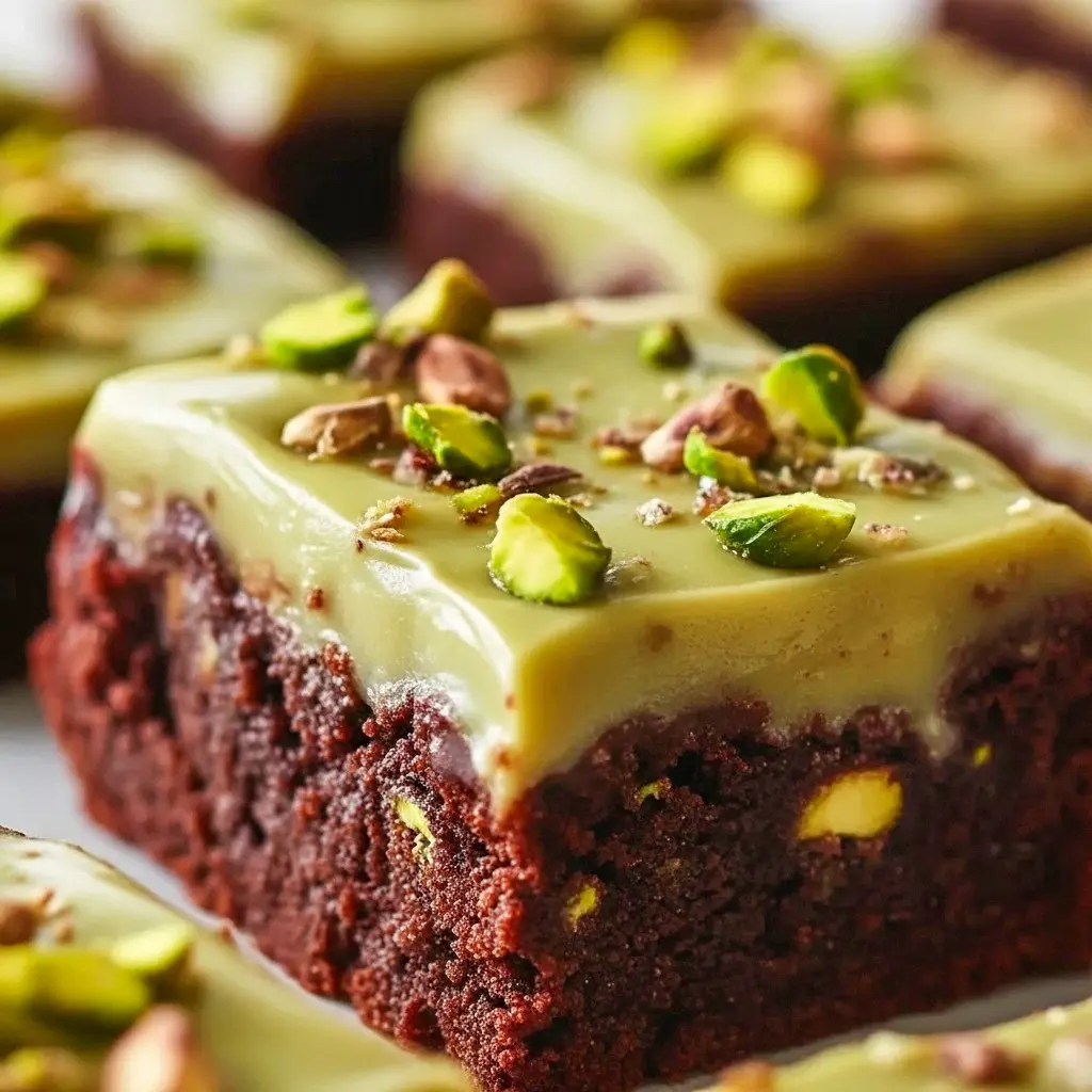 Close-up slice of Pistachio Brownies showing a glossy pistachio ganache, chopped pistachios, and a crackly brownie top.