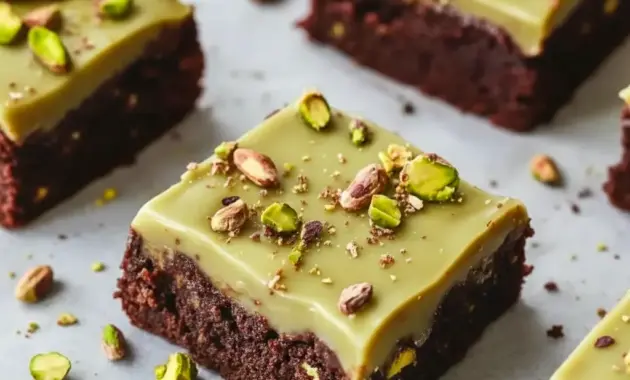 Close-up slice of Pistachio Brownies showing a glossy pistachio ganache, chopped pistachios, and a crackly brownie top.
