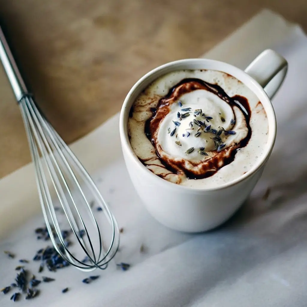 Lavender Hot Chocolate — frothy mug of lavender-infused hot chocolate topped with whipped cream and a few lavender buds, styled on a rustic wooden tray.
