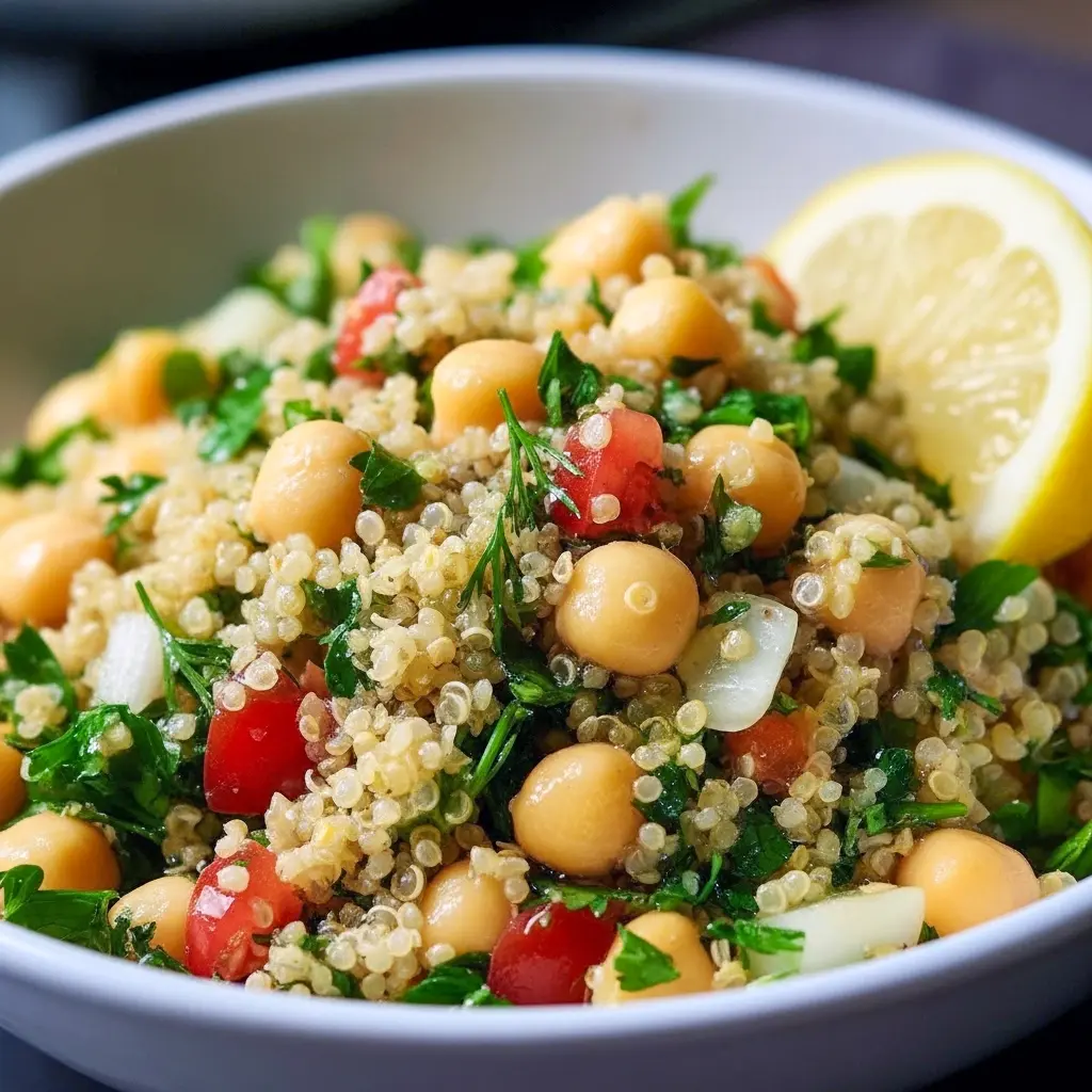 Close-up of a bowl of Quinoa And Chickpeas salad with chopped herbs, cucumber, cherry tomatoes, and a lemon wedge.
