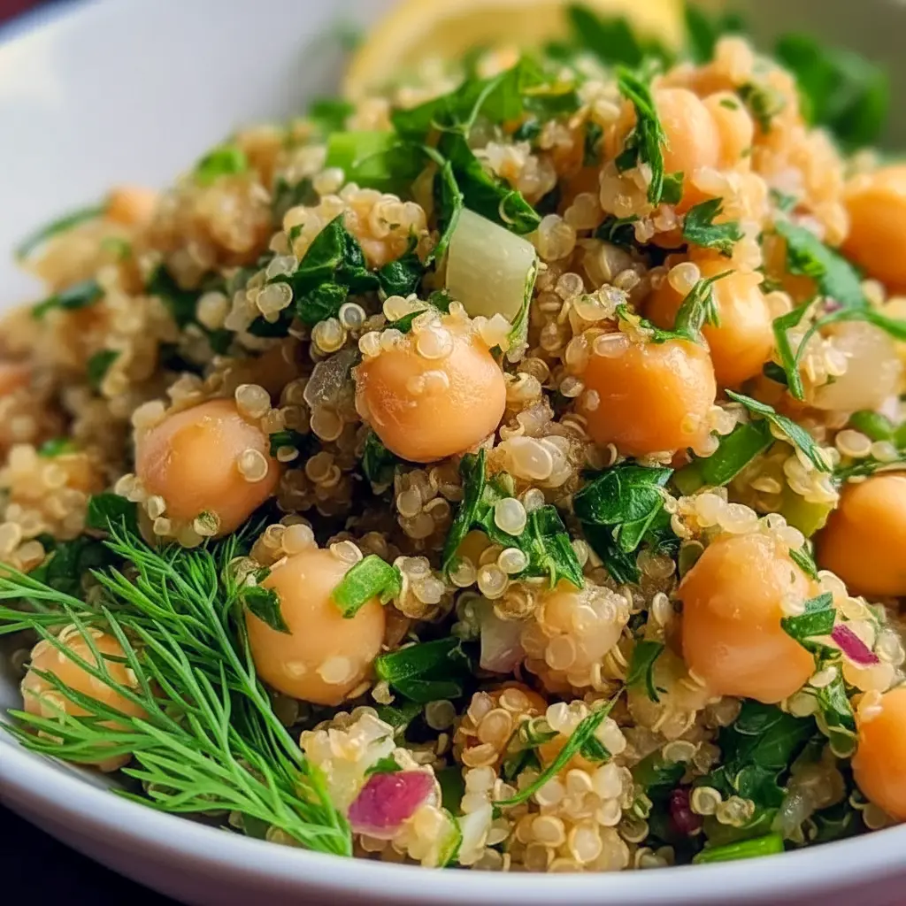 Close-up of a bowl of Quinoa And Chickpeas salad with chopped herbs, cucumber, cherry tomatoes, and a lemon wedge.