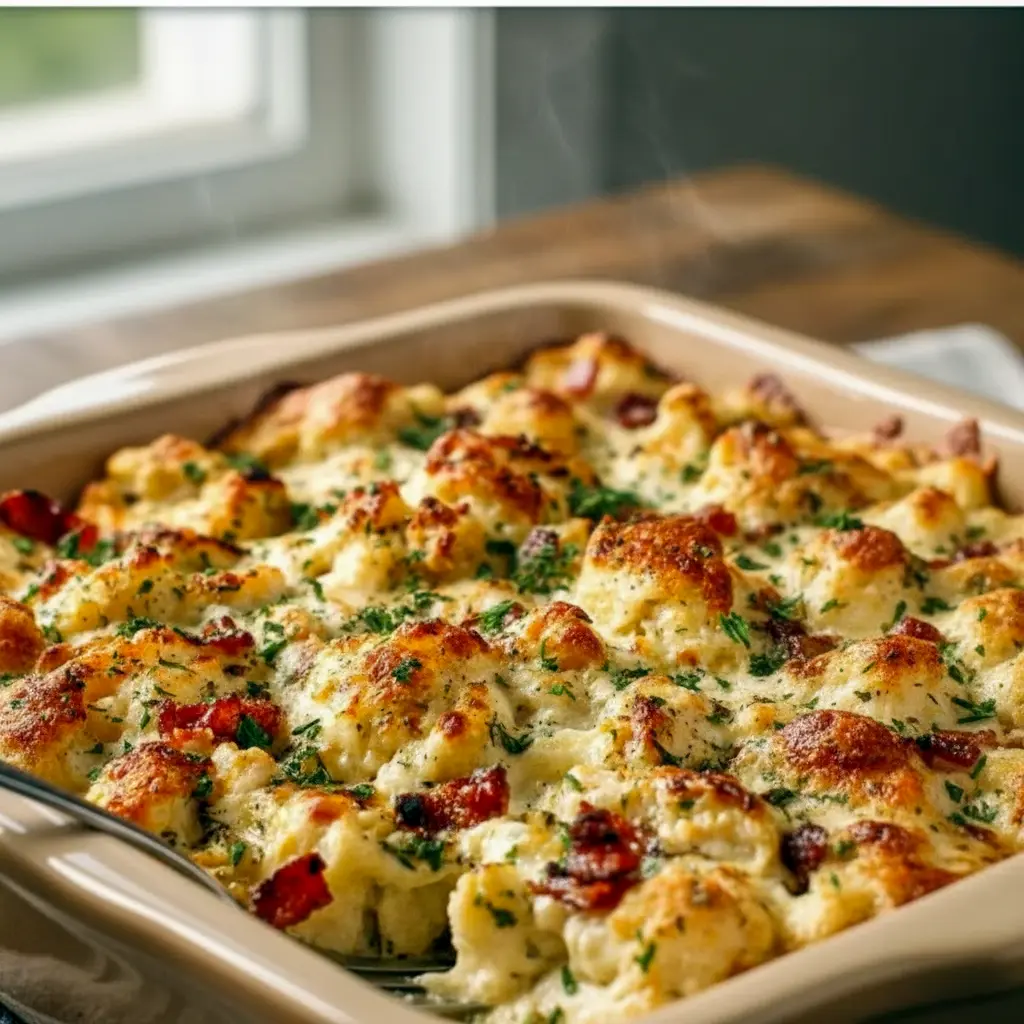 Low Carb High Protein Meal Ideas — golden baked chicken Alfredo topped with melted cheese, spinach, and cherry tomatoes in a casserole dish.