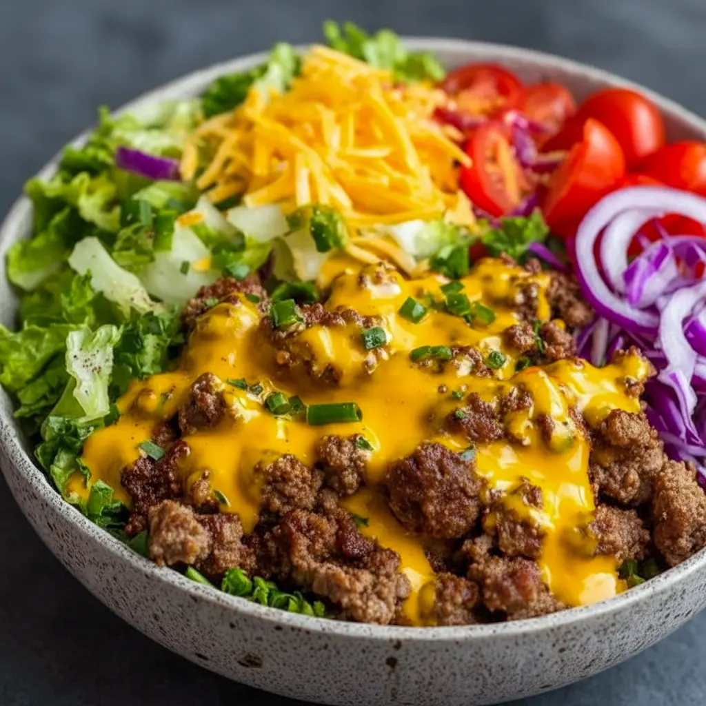 For Low-Carb Meal Prep lovers: close-up of a cheeseburger bowl with seasoned Minced Meat, shredded cheese, pickles, cherry tomatoes and a drizzle of burger sauce — a hearty Protein Dinner option.