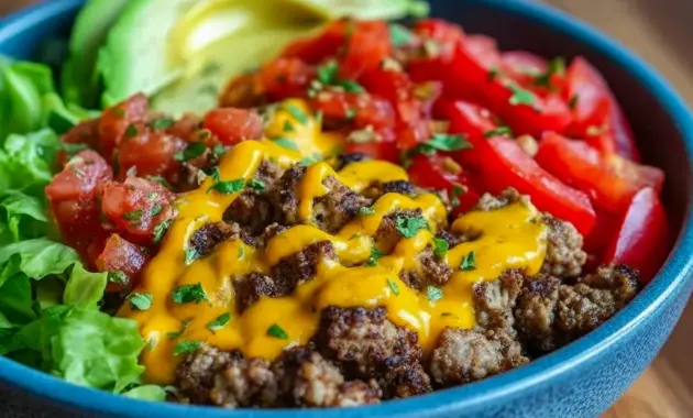 For Low-Carb Meal Prep lovers: close-up of a cheeseburger bowl with seasoned Minced Meat, shredded cheese, pickles, cherry tomatoes and a drizzle of burger sauce — a hearty Protein Dinner option.