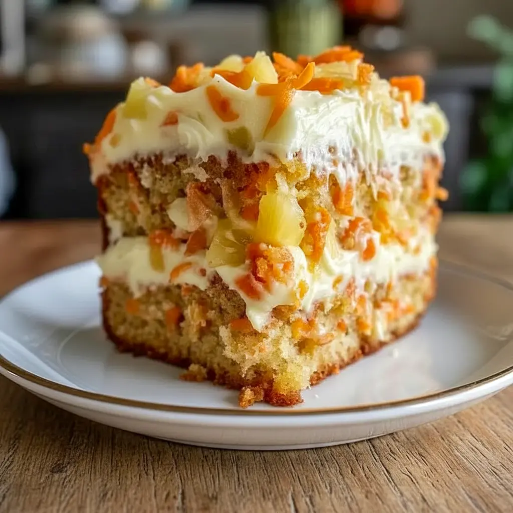 Slice of Hawaiian Pineapple Carrot Cake on a plate, topped with cream cheese frosting and visible pineapple bits — moist, spiced, and ready to enjoy.