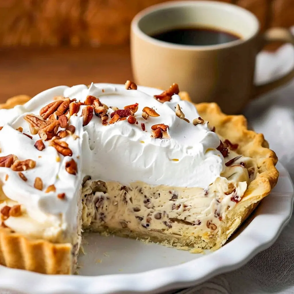 Slice of Pecan Cream Pie with whipped cream and toasted pecans on a plate — creamy filling and crunchy topping, a classic Pies With Cream Cheese dessert.
