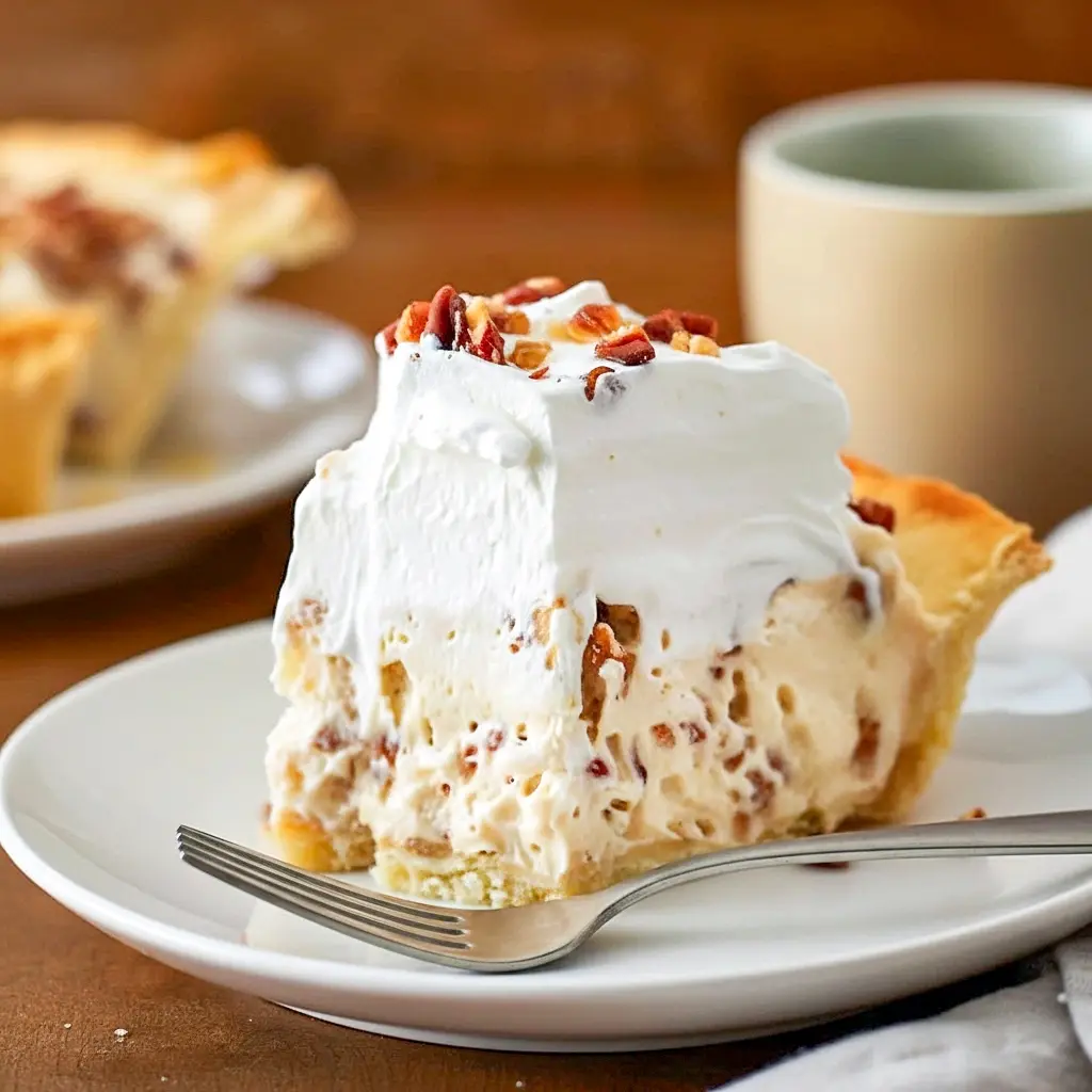 Slice of Pecan Cream Pie with whipped cream and toasted pecans on a plate — creamy filling and crunchy topping, a classic Pies With Cream Cheese dessert.