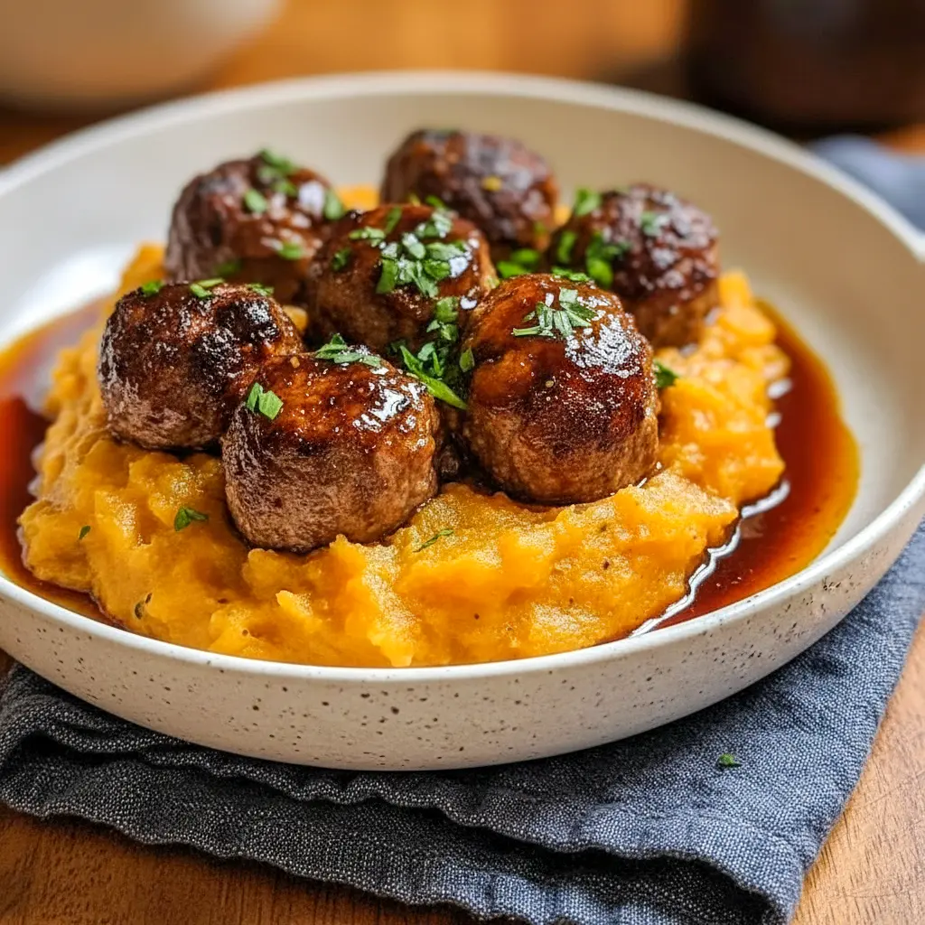 Pork Meatballs stacked on sweet potato mash, drizzled with bourbon-maple sauce and sprinkled parsley — a cozy Pork Meatball Dinner shot (close-up).