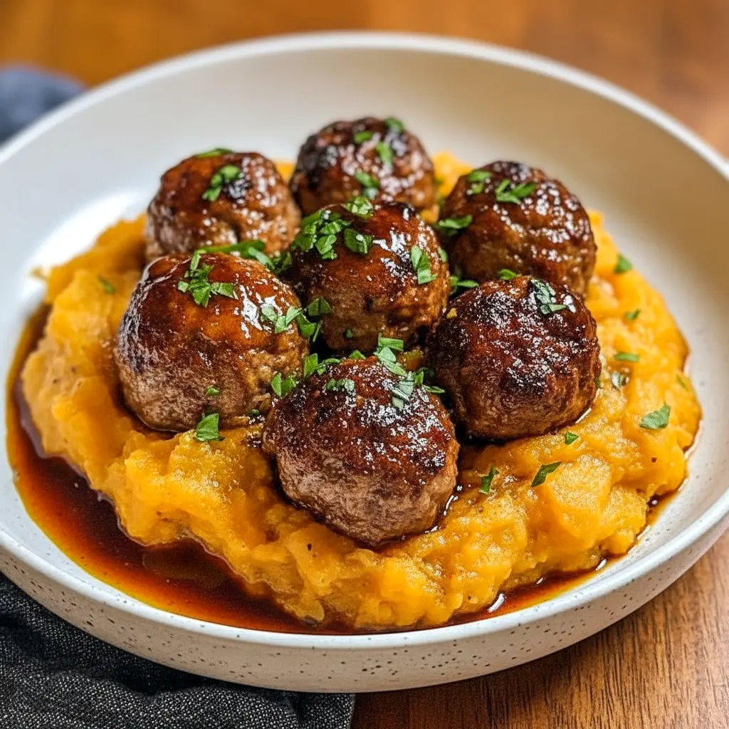 Pork Meatballs stacked on sweet potato mash, drizzled with bourbon-maple sauce and sprinkled parsley — a cozy Pork Meatball Dinner shot (close-up).