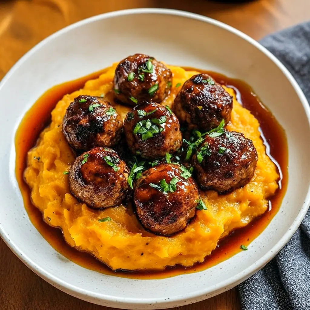 Pork Meatballs stacked on sweet potato mash, drizzled with bourbon-maple sauce and sprinkled parsley — a cozy Pork Meatball Dinner shot (close-up).