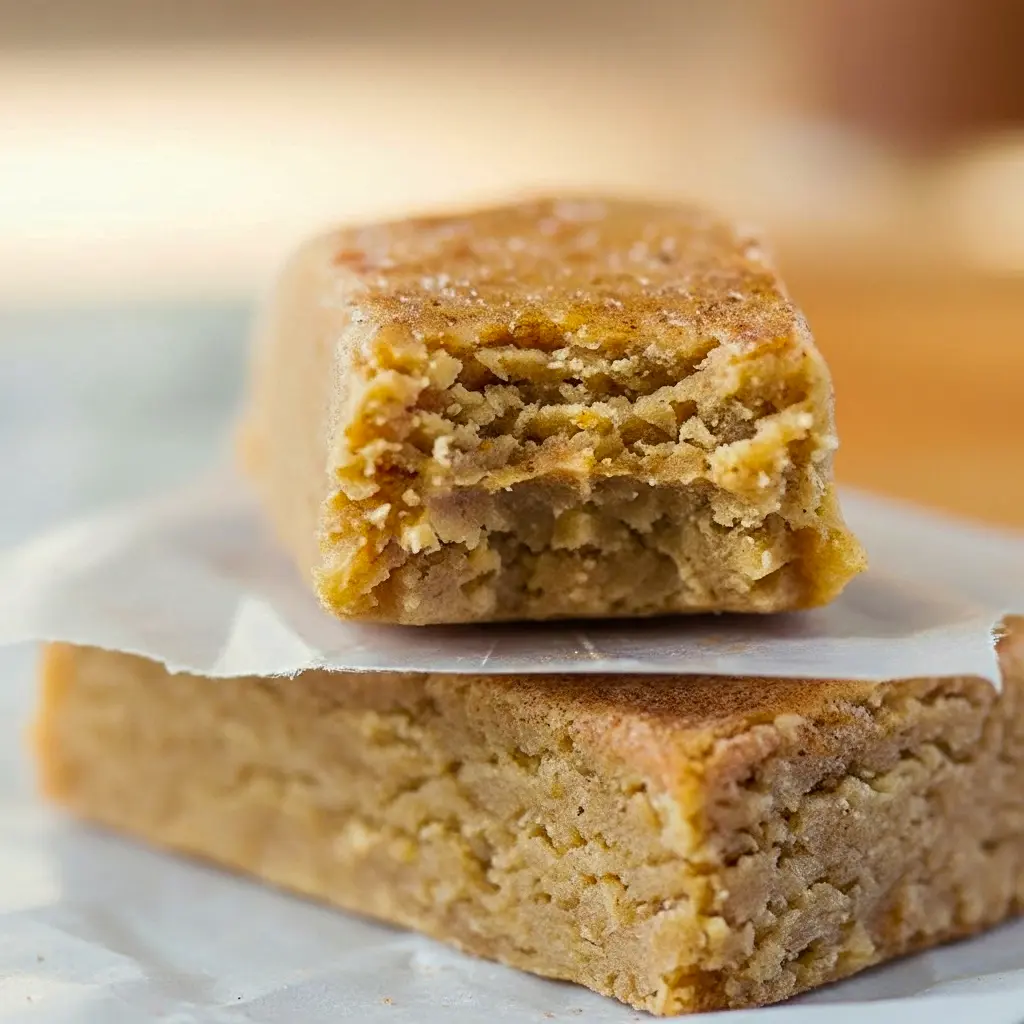 Tray of sliced Apple Protein Bars dusted with cinnamon, stacked and ready to grab for a quick breakfast.