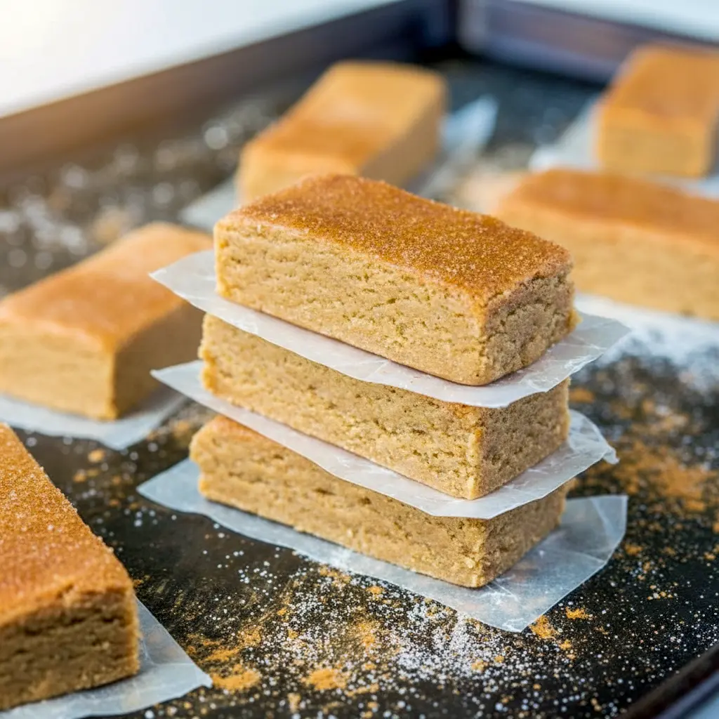 Tray of sliced Apple Protein Bars dusted with cinnamon, stacked and ready to grab for a quick breakfast.