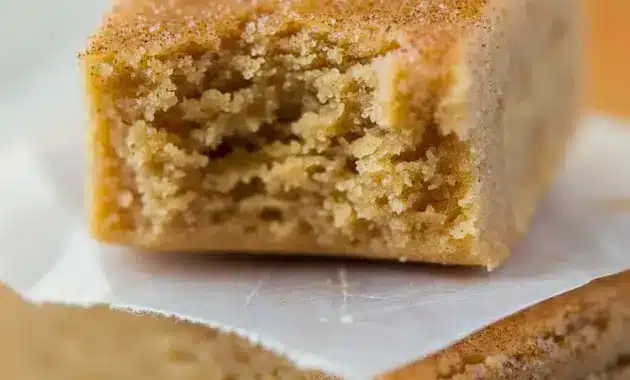 Tray of sliced Apple Protein Bars dusted with cinnamon, stacked and ready to grab for a quick breakfast.