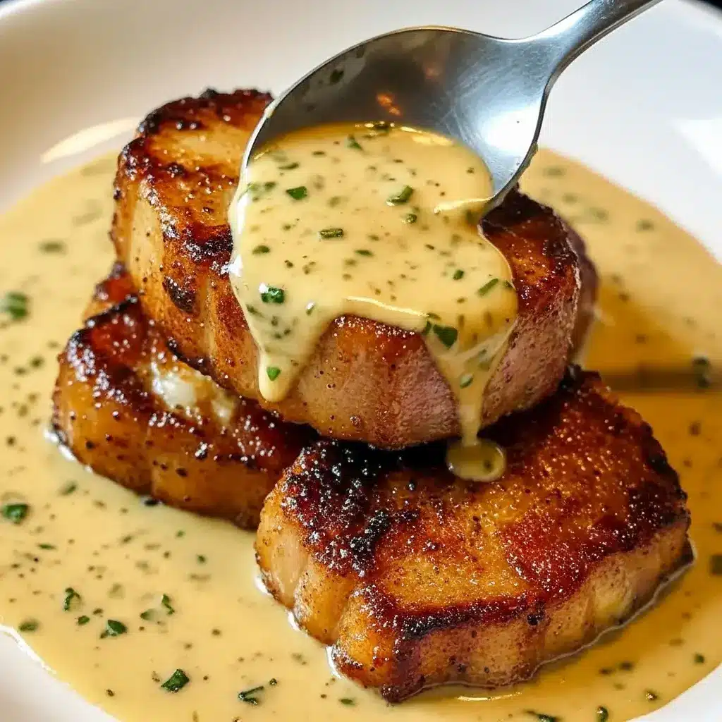 Pork Dishes Recipes — close-up of a maple-glazed pork chop topped with creamy Dijon sauce and crumbled bacon, garnished with fresh herbs.