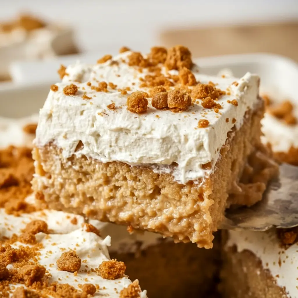 Homemade Tres Leches Cake slice on a plate, topped with cookie-butter whipped cream and crushed Biscoff crumbs.