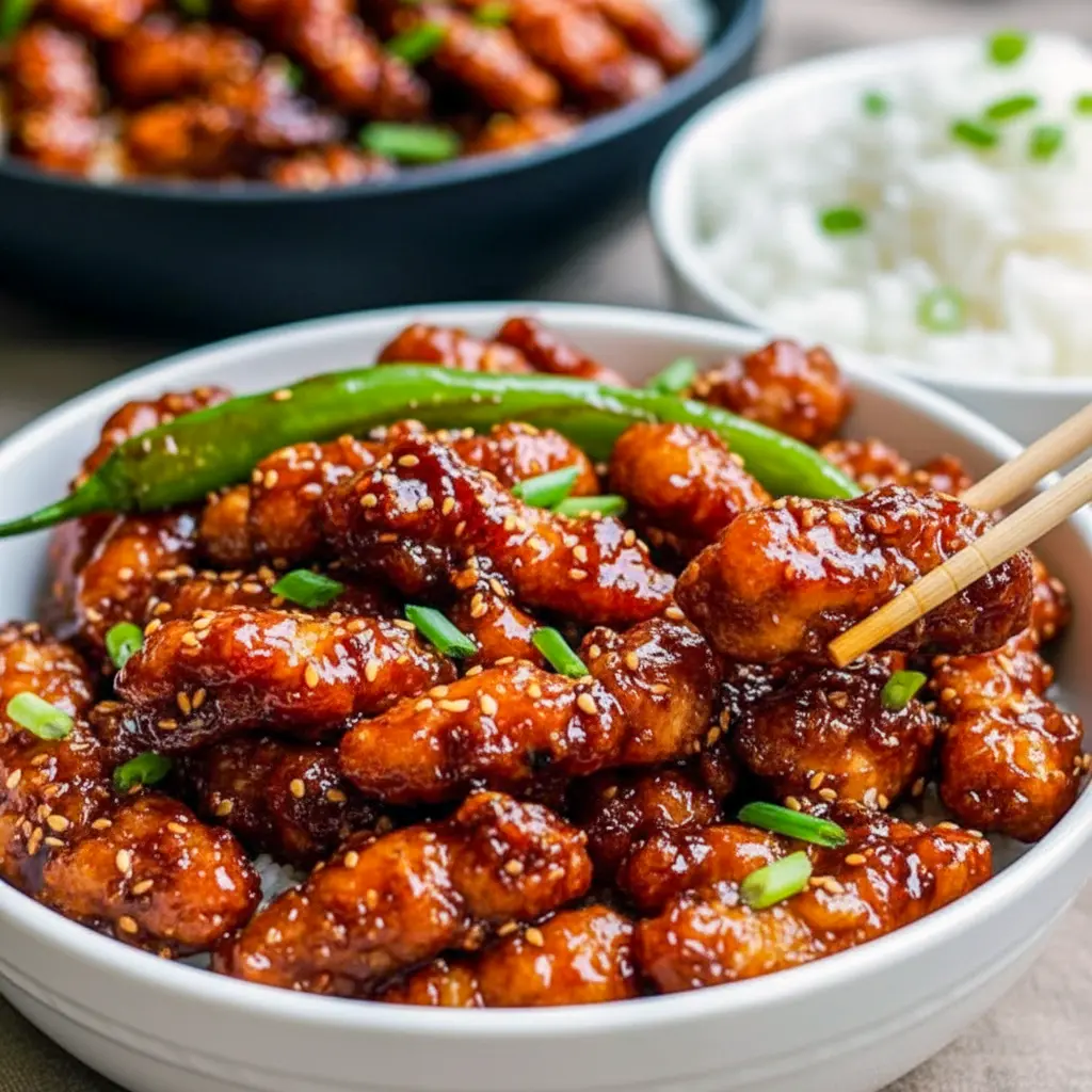 Dragon Chicken glazed in sticky Sweet And Spicy Sauce, topped with sliced green onions and sesame seeds, served over jasmine rice.