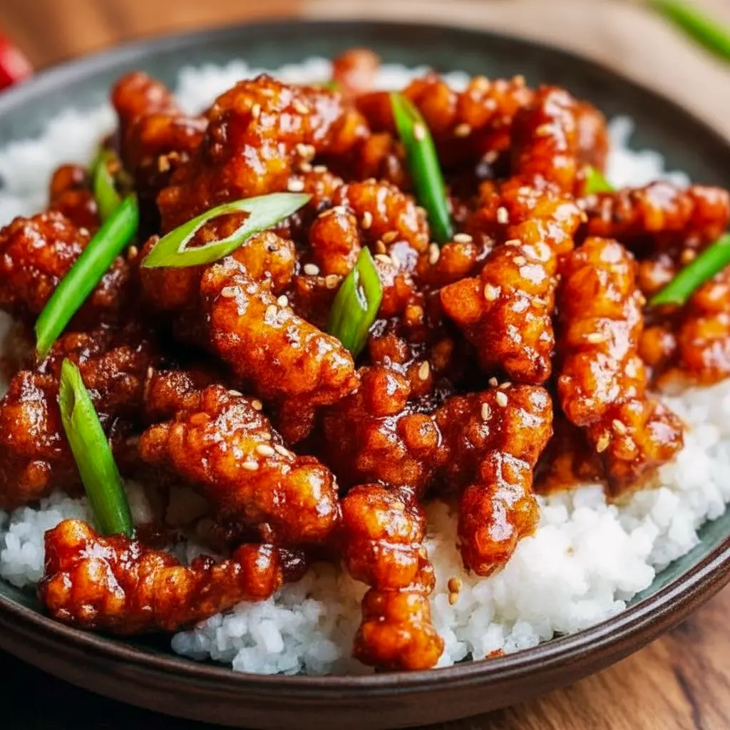 Dragon Chicken glazed in sticky Sweet And Spicy Sauce, topped with sliced green onions and sesame seeds, served over jasmine rice.