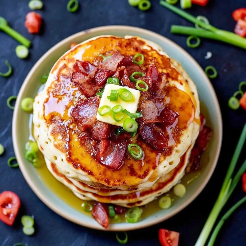 Stack of Savory Pancakes topped with crispy bacon, chorizo bits, melted cheddar, a dollop of chili butter and a glossy golden-syrup drizzle.