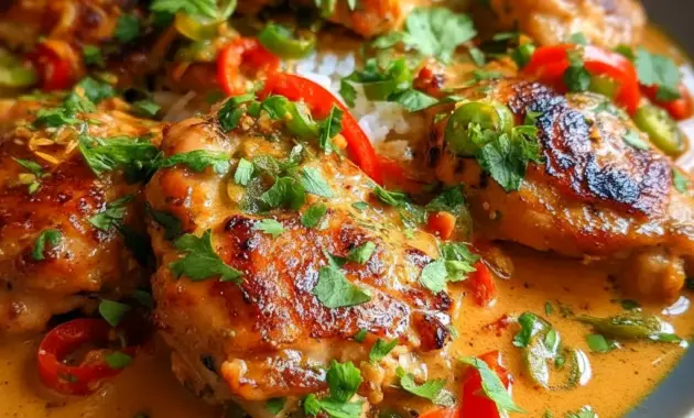 Coconut Chicken — bowl of spicy Brazilian-style coconut chicken over rice, garnished with cilantro (inspired by Brazilian Cuisine).