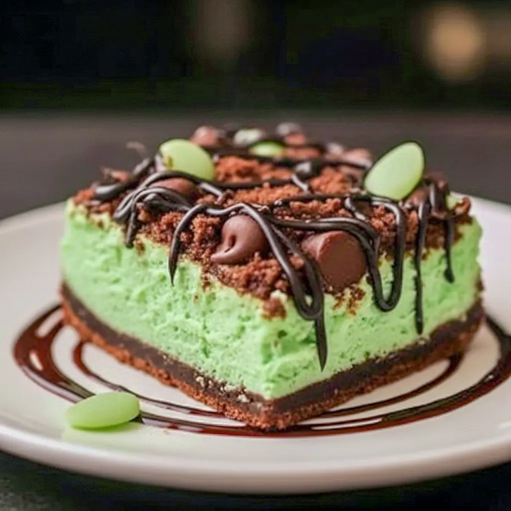 Slice of Mint Chocolate Cheesecake bar on a plate — vivid green mint cheesecake layer over a chocolate crumb crust, drizzled chocolate, and festive sprinkles for Saint Patrick's Day, a tempting example of elegant Cheesecake Bars.