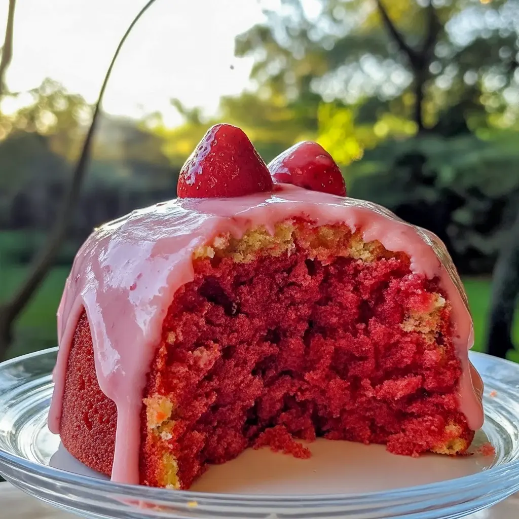 Close-up of a Honeybun-style sheet cake drizzled with Strawberry Icing, sprinkled with cinnamon sugar and fresh berries — a tempting Strawberry Cakes presentation.