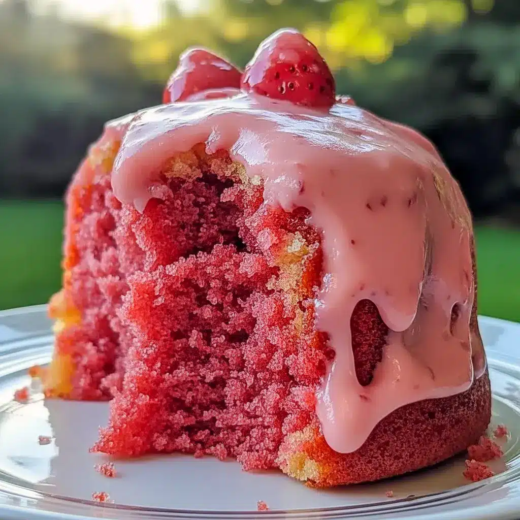 Close-up of a Honeybun-style sheet cake drizzled with Strawberry Icing, sprinkled with cinnamon sugar and fresh berries — a tempting Strawberry Cakes presentation.