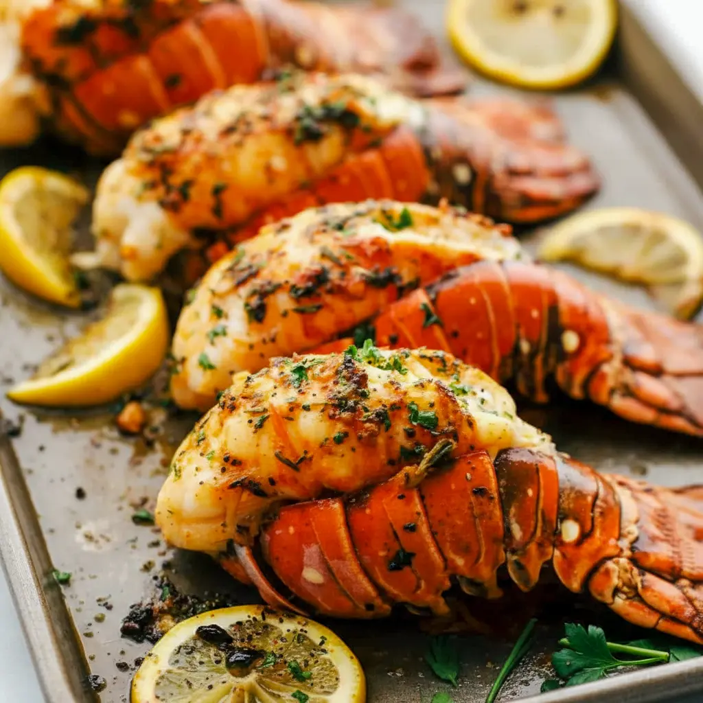 Broiled Lobster Tail Recipe topped with garlic-herb butter, lemon wedge, and chopped parsley on a serving plate.