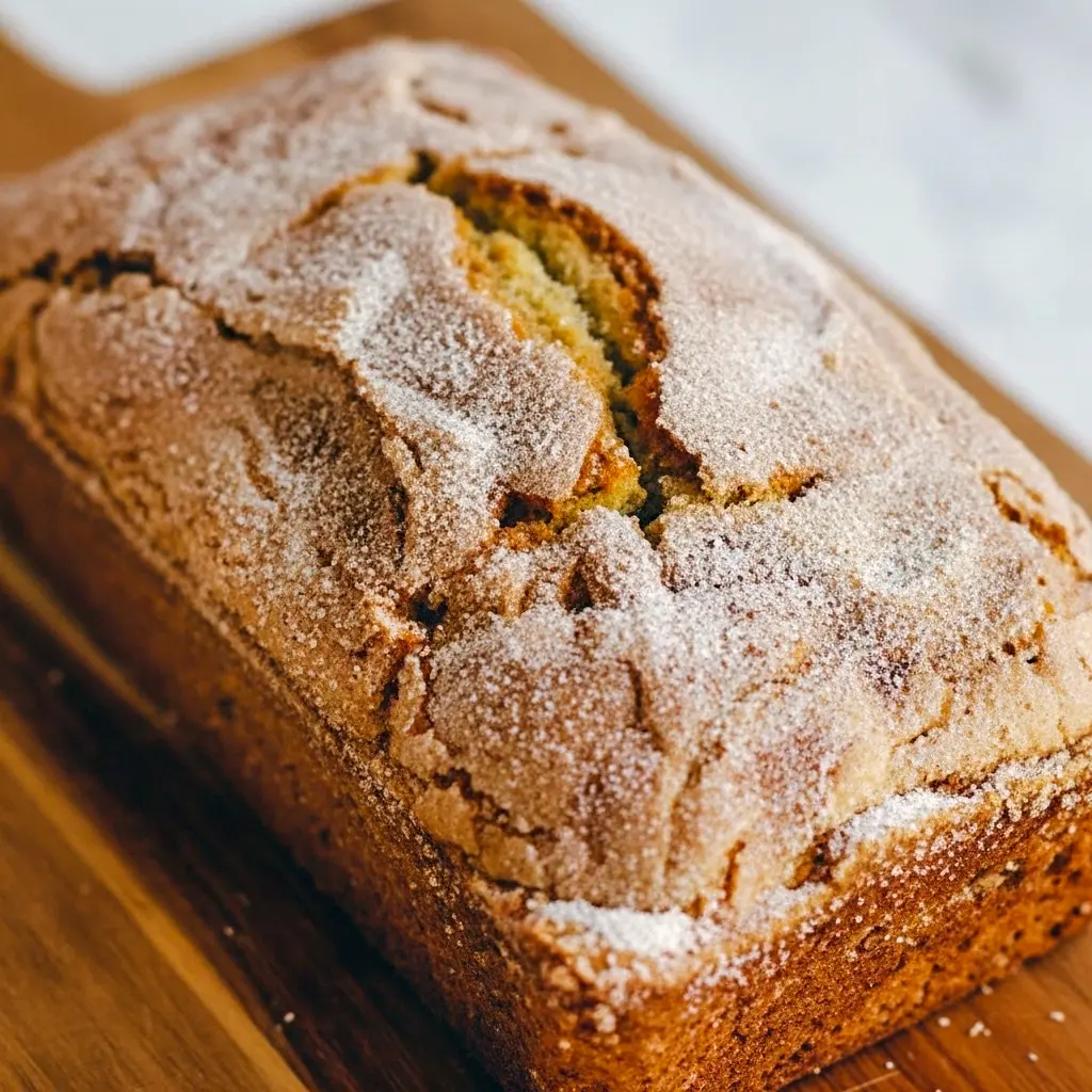 Loaf of Snickerdoodle Zucchini Bread on a wooden board, topped with a cinnamon-sugar Snickerdoodle Topping For Zucchini Bread, sliced to show a moist crumb.